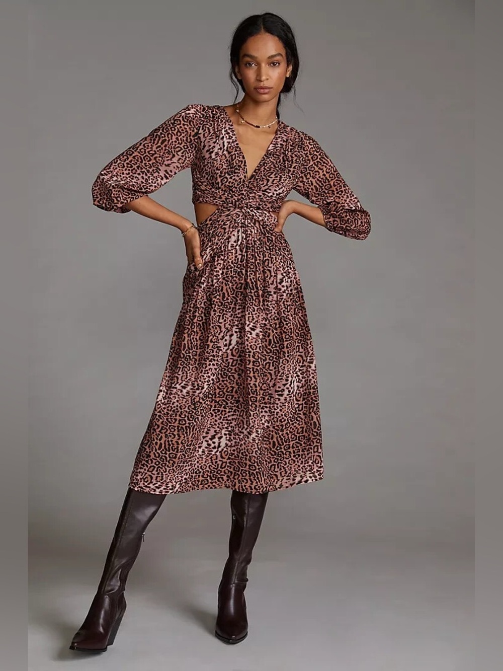 Anthropologie Ranna Gill Animal Print Cutout Midi Dress